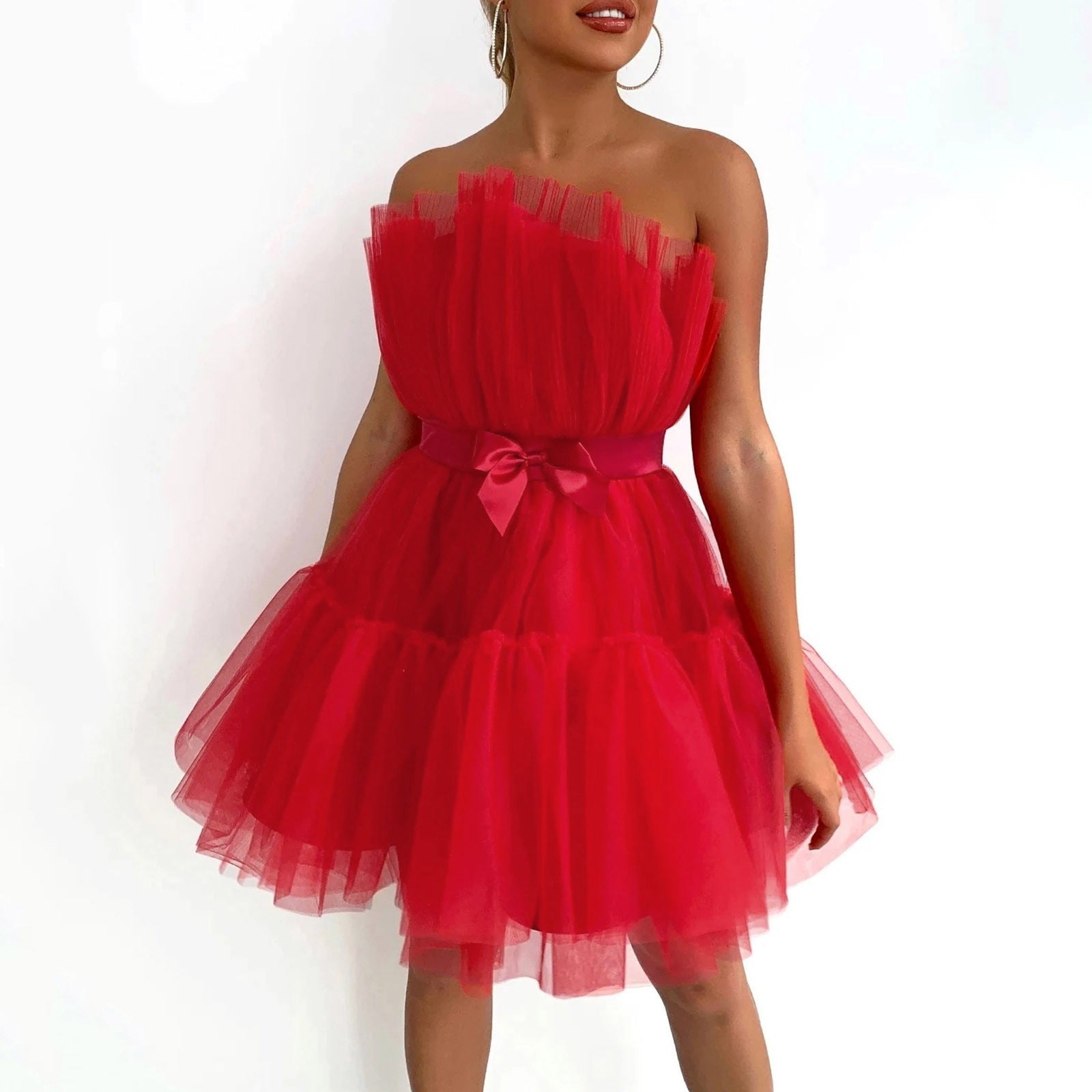 Off Shoulder Mesh Tulle Tutu Dress Tube Top Bow Evening Party Prom Dresses