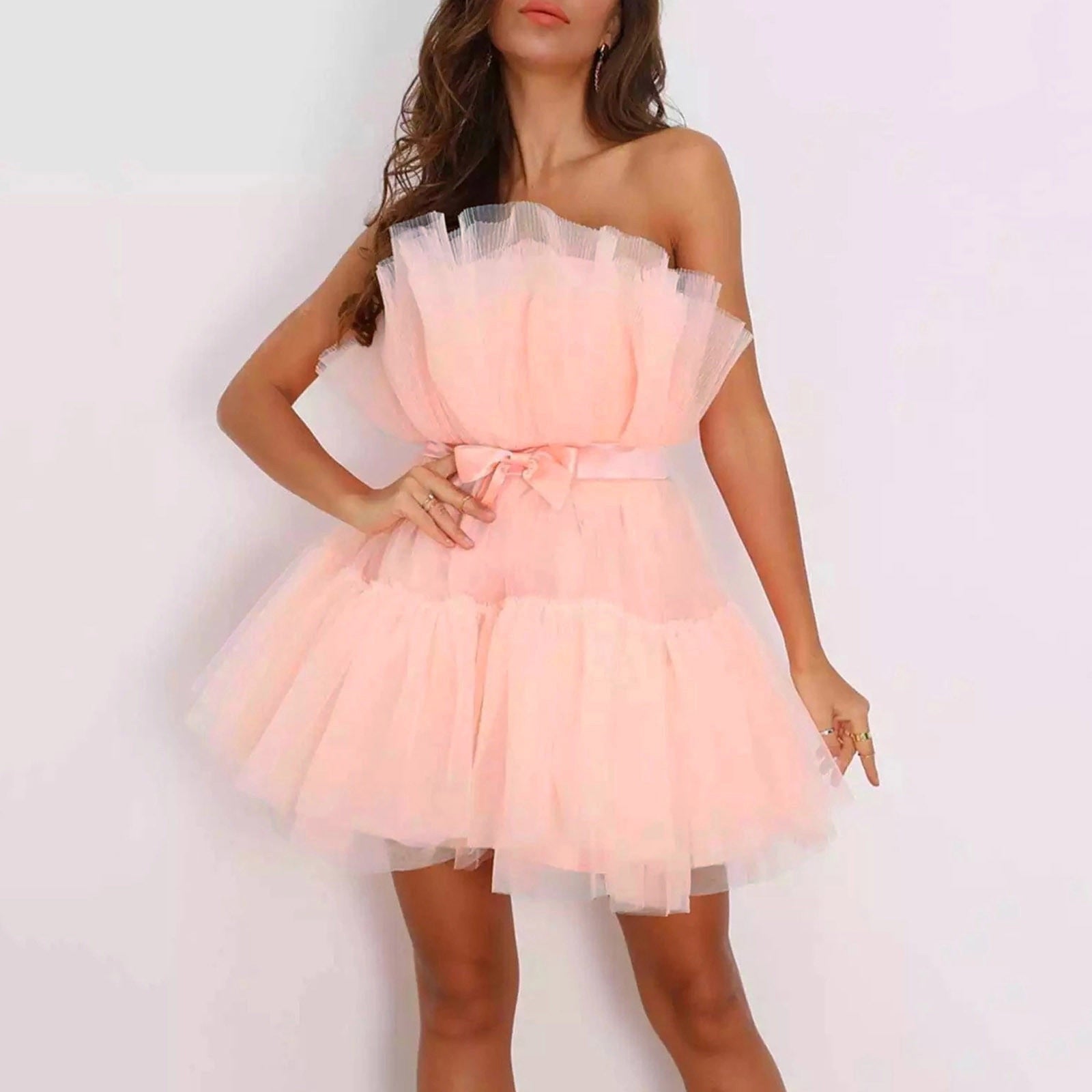 Off Shoulder Mesh Tulle Tutu Dress Tube Top Bow Evening Party Prom Dresses