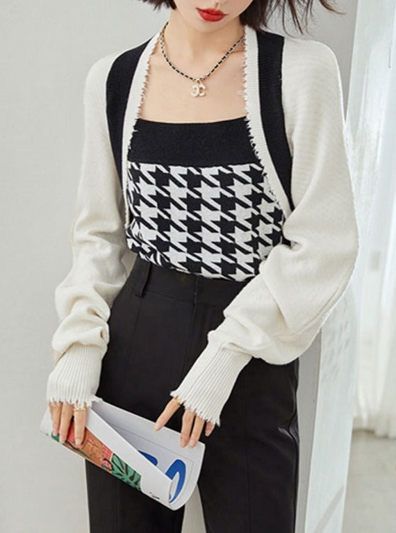 Houndstooth Lantern Sleeves Stitching Square Neck Sweater