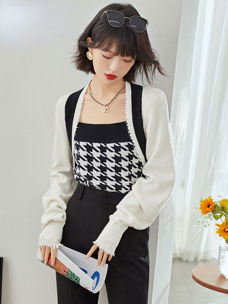 Houndstooth Lantern Sleeves Stitching Square Neck Sweater