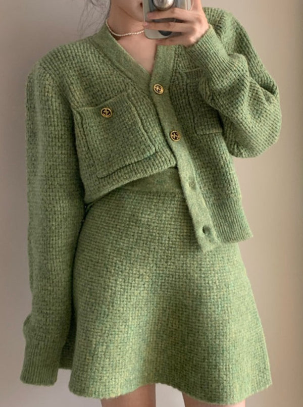 Knitted Cardigan Sweater and Skirt Two-Piece Suit