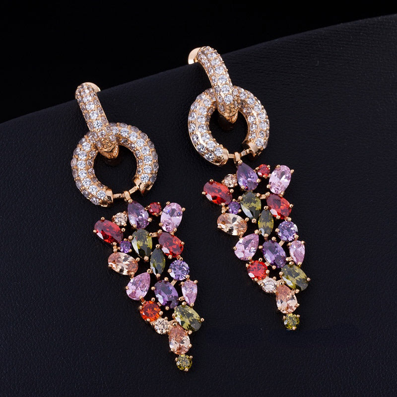 Yellow Gold Color Long Drop Cluster Multicolored Zirconia Stone Earrings