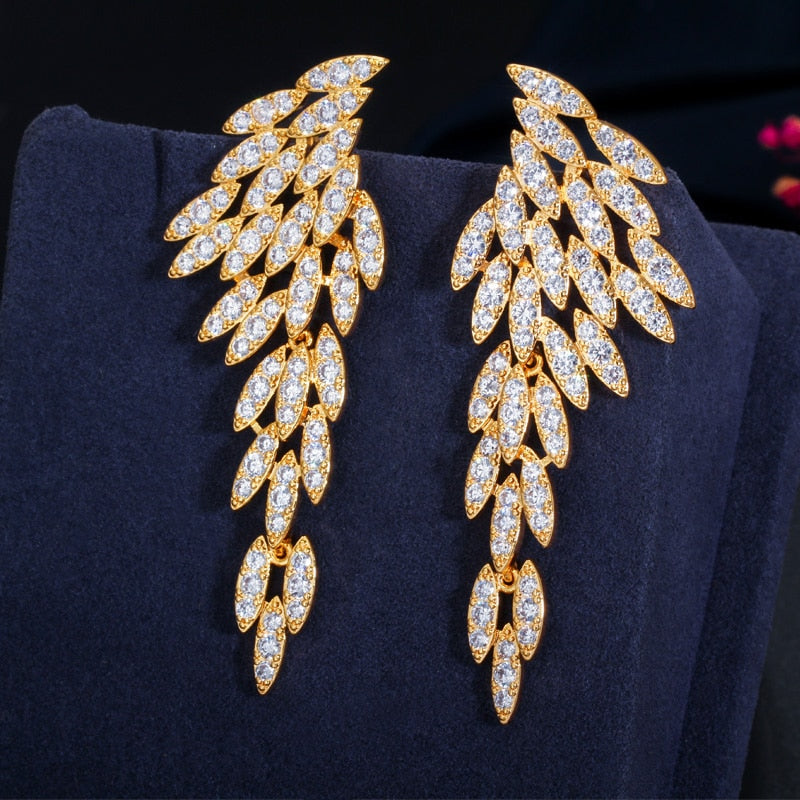 18k Gold Plated Cubic Zirconia Long Dangle Feather Wing Drop Earrings