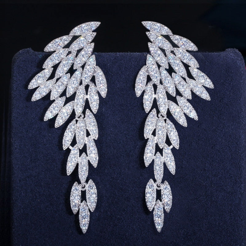 18k Gold Plated Cubic Zirconia Long Dangle Feather Wing Drop Earrings