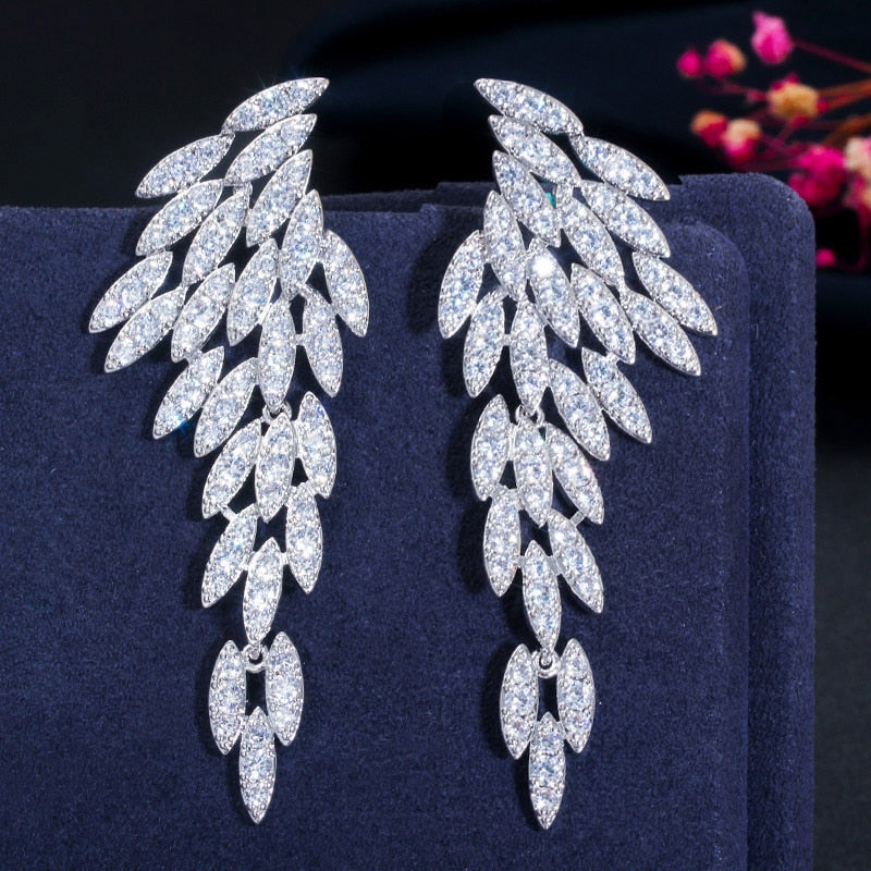 18k Gold Plated Cubic Zirconia Long Dangle Feather Wing Drop Earrings