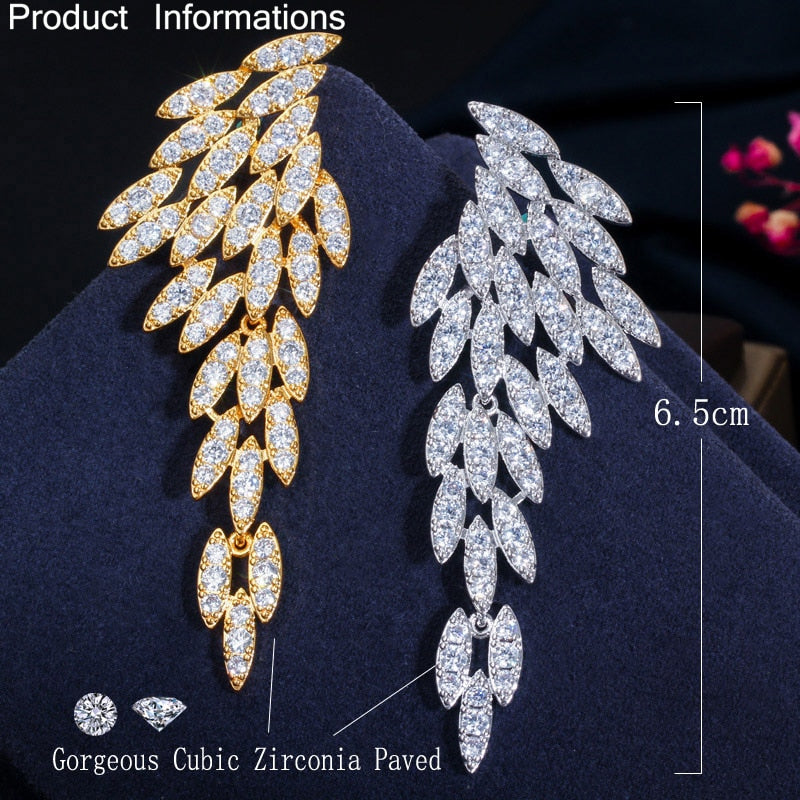 18k Gold Plated Cubic Zirconia Long Dangle Feather Wing Drop Earrings