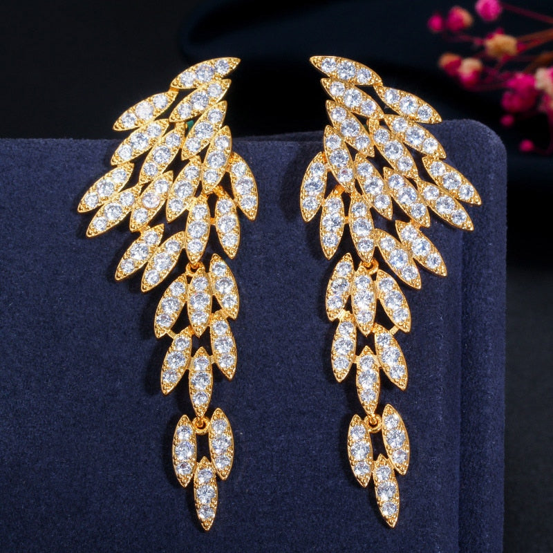 18k Gold Plated Cubic Zirconia Long Dangle Feather Wing Drop Earrings