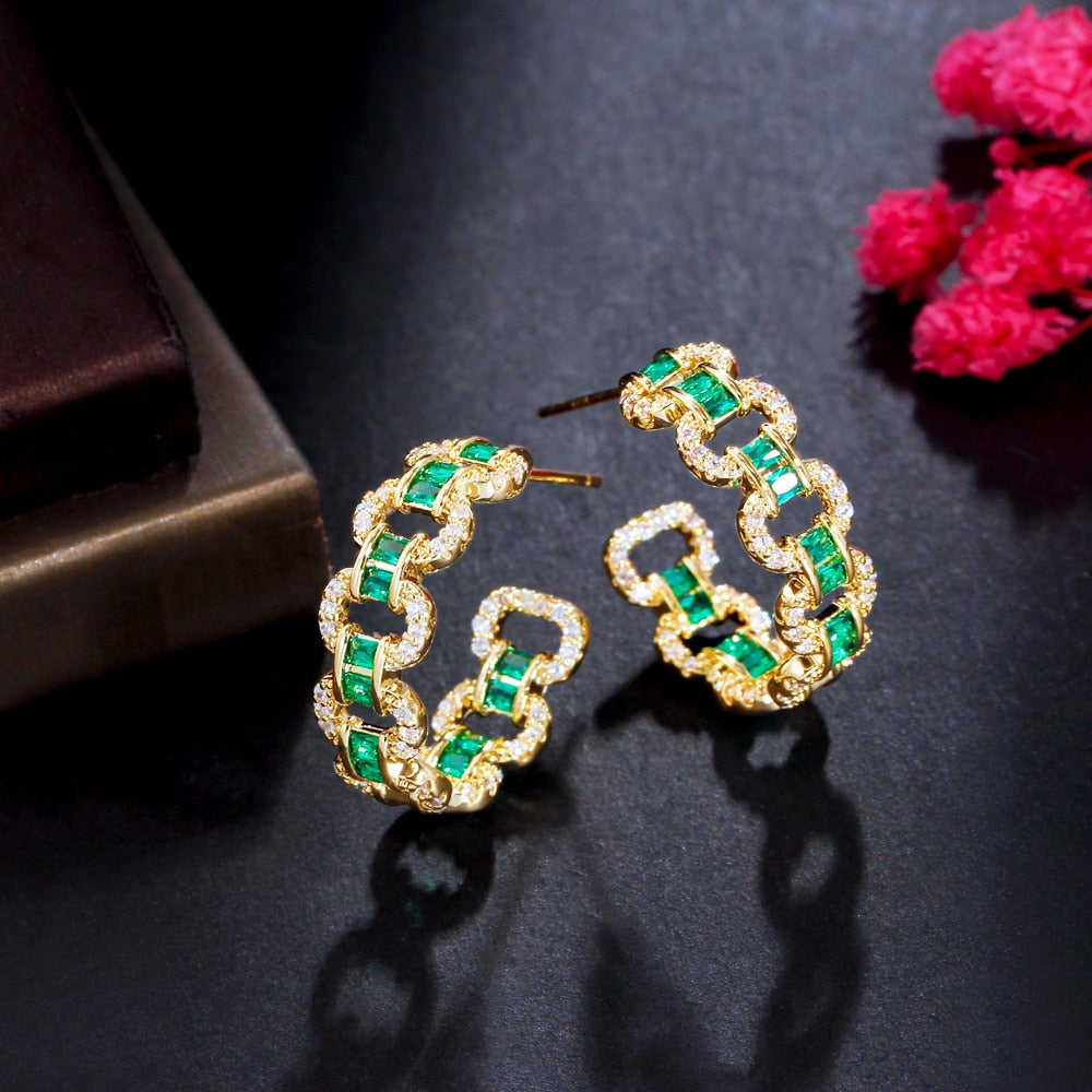 Brazilian Green Cubic Zircon Gold Plated Round Hoop Earrings