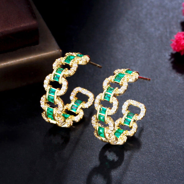 Brazilian Green Cubic Zircon Gold Plated Round Hoop Earrings