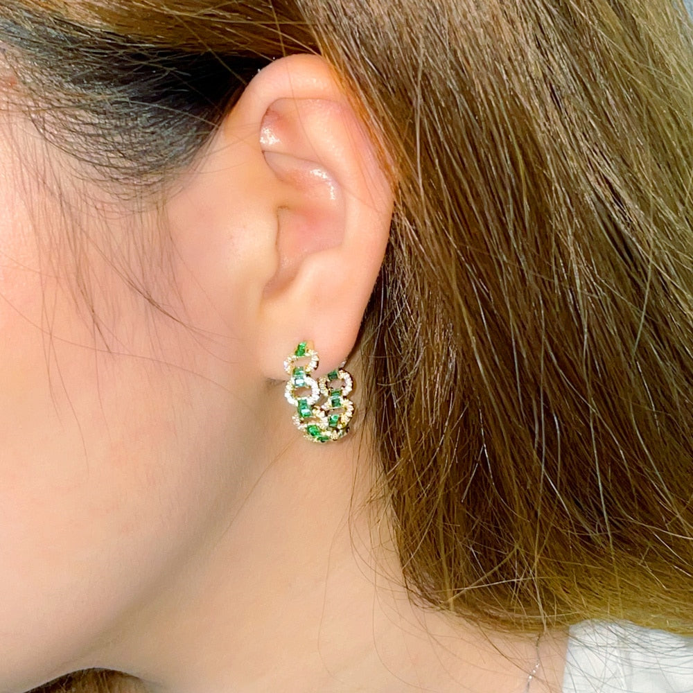 Brazilian Green Cubic Zircon Gold Plated Round Hoop Earrings