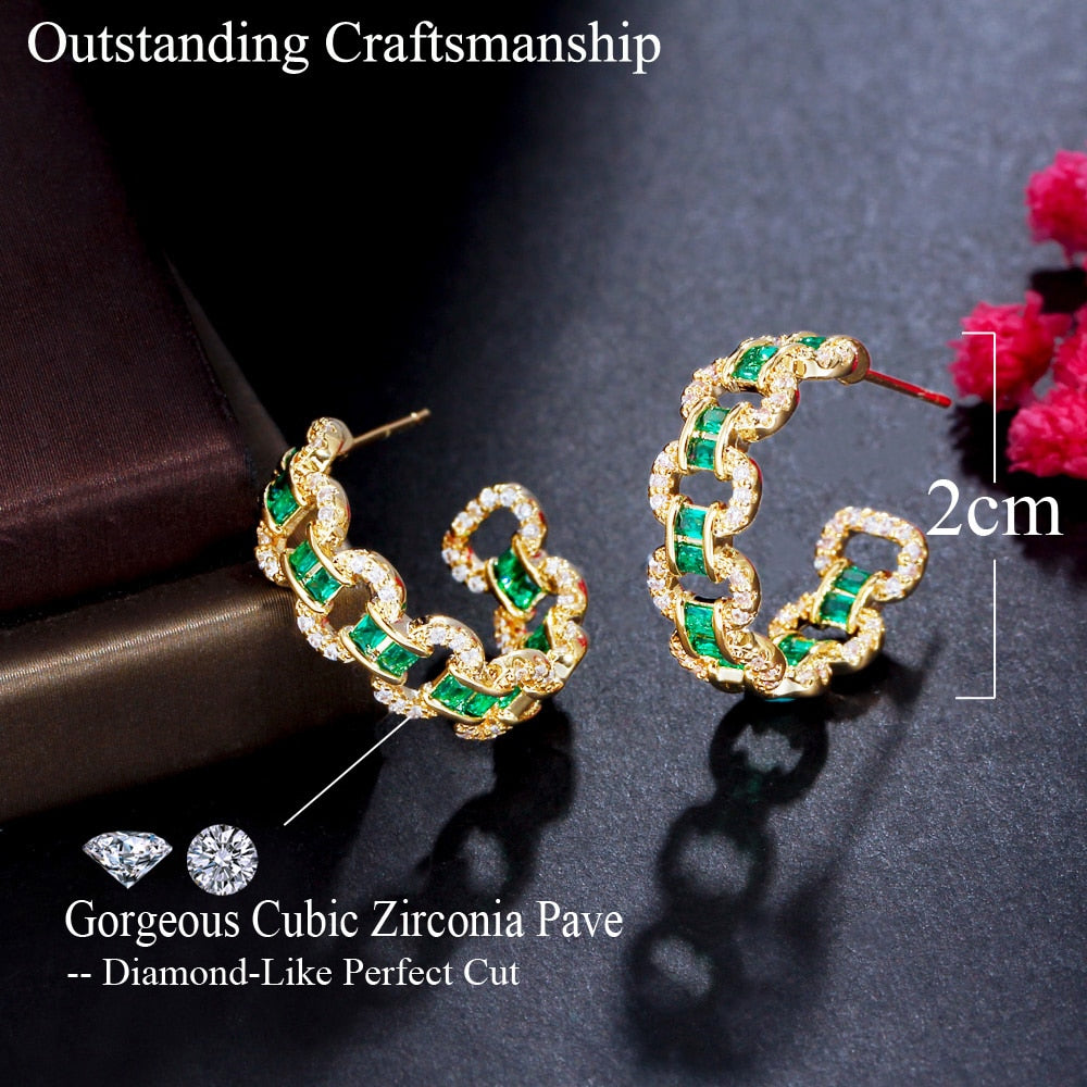 Brazilian Green Cubic Zircon Gold Plated Round Hoop Earrings