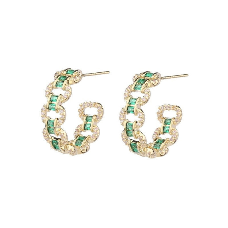 Brazilian Green Cubic Zircon Gold Plated Round Hoop Earrings