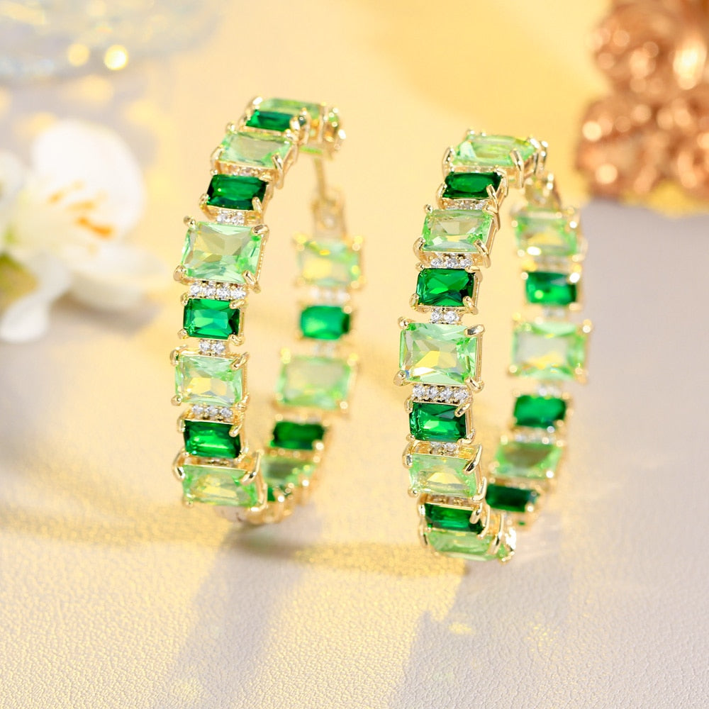 Square Light Green Cubic Zircon Crystal Brazilian Gold Plated Round Hoop Earring