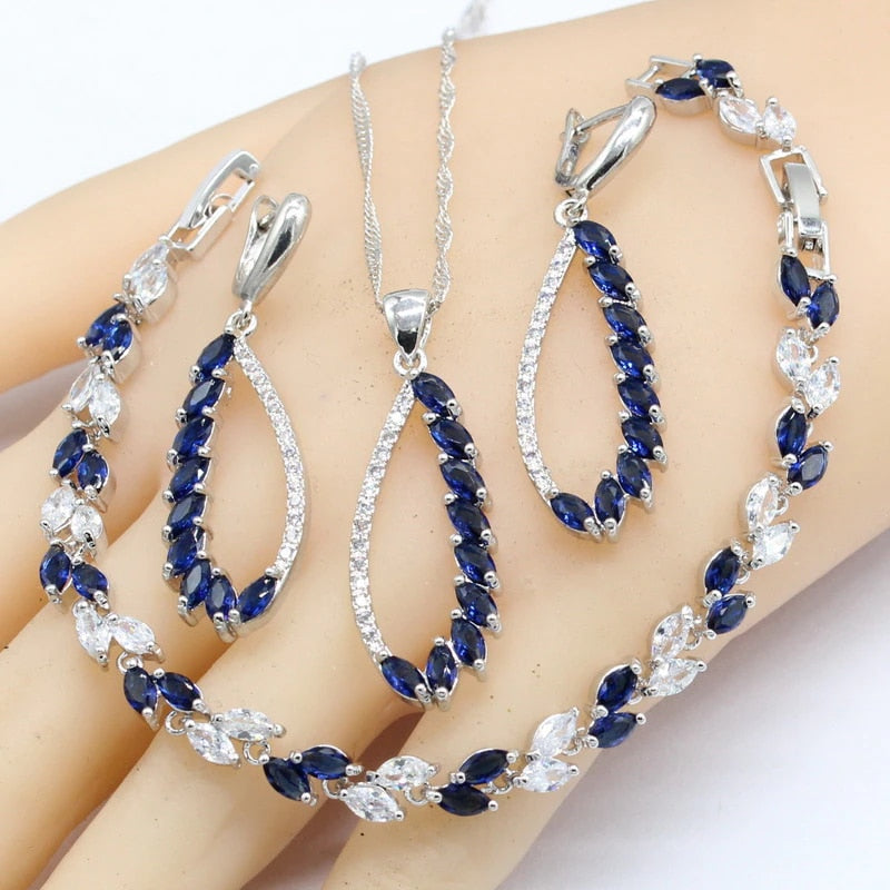 Blue Stones Earrings Bracelet Rings Necklace Pendant Gift Box Jewelry Sets