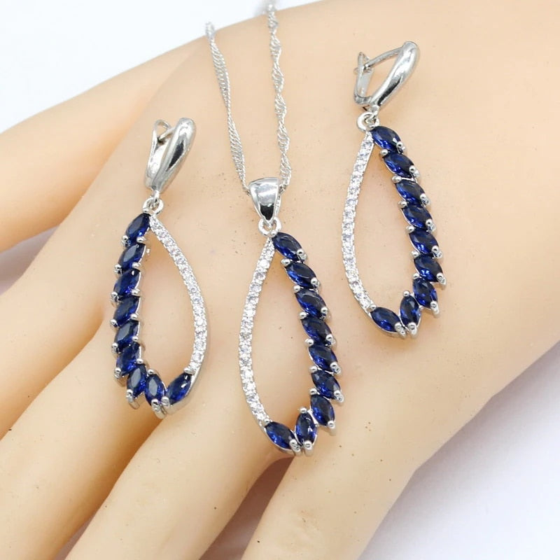 Blue Stones Earrings Bracelet Rings Necklace Pendant Gift Box Jewelry Sets