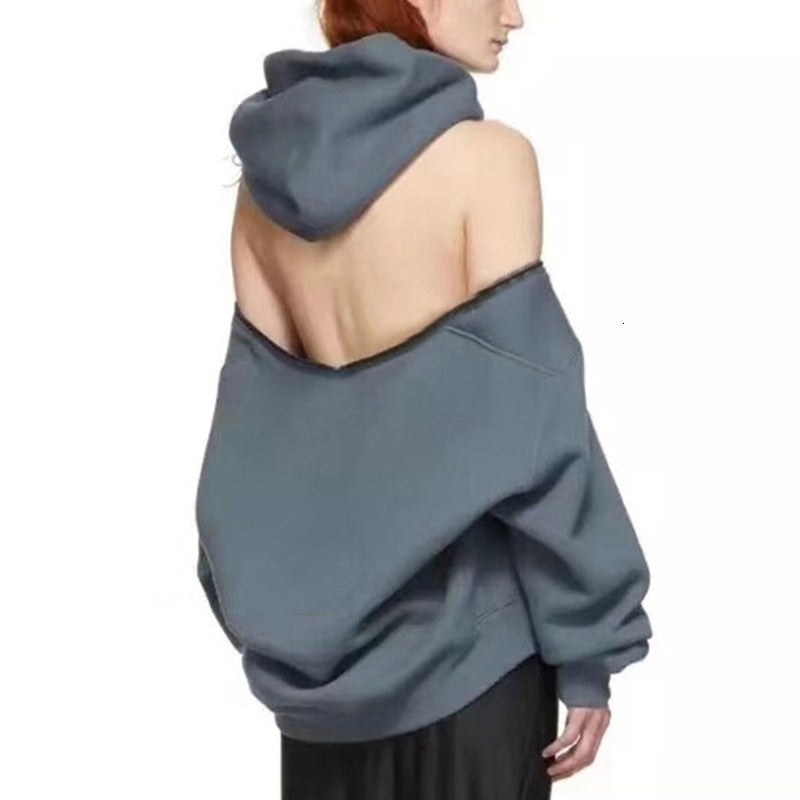 Zip 2 Ways Wear Sweatshirts Backless Off Shoulder Hoodies