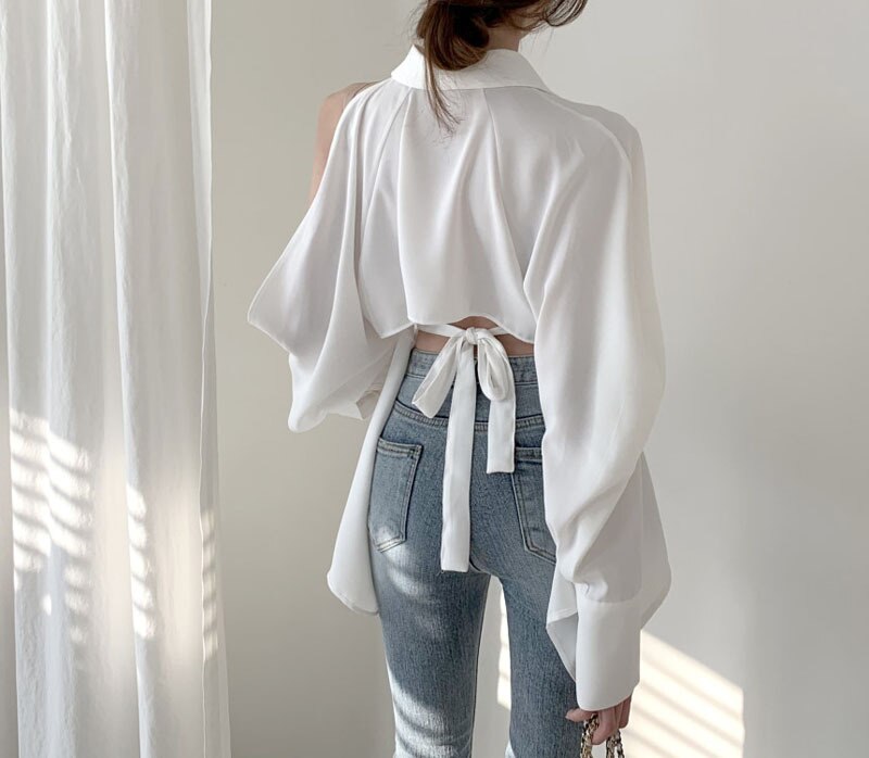 Hollow Out Turn Down Collar Off Shoulder Blouse