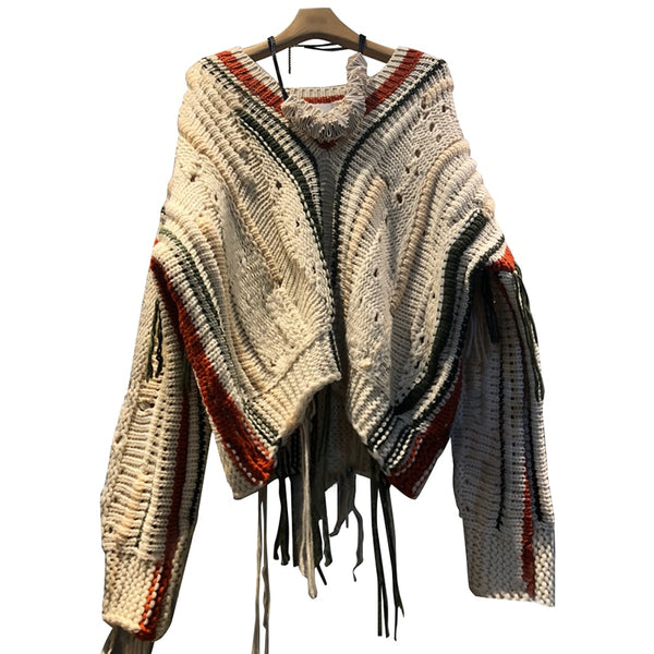 Hit Color High Street Loose Knitted Patchwork Tassel Sweater