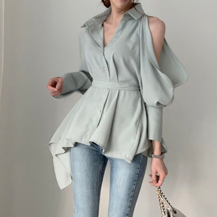 Hollow Out Turn Down Collar Off Shoulder Blouse