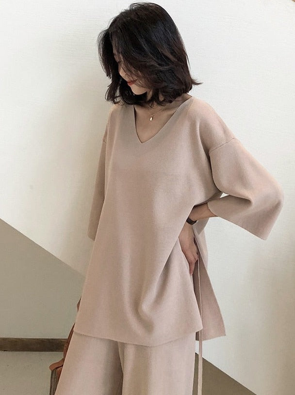 Knitted V Neck Pullovers Sweater and Wide Legs Pants