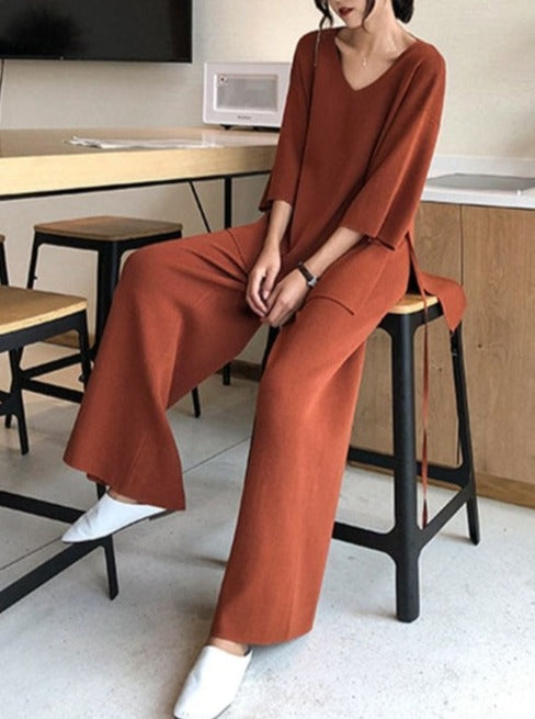 Knitted V Neck Pullovers Sweater and Wide Legs Pants