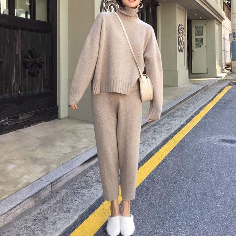 Knitted Tracksuit Turtleneck Sweatshirts and Female Pants set