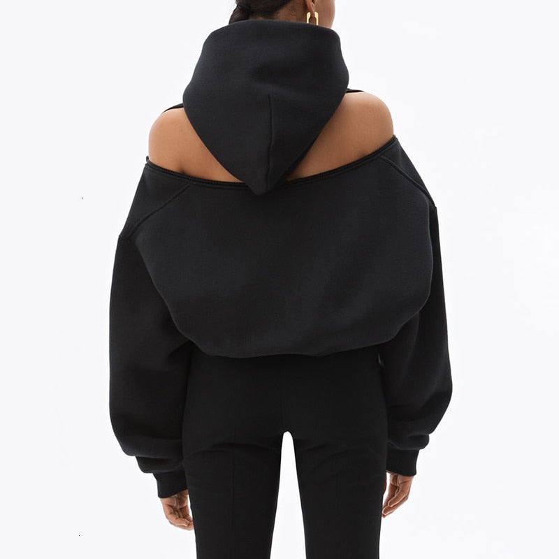 Zip 2 Ways Wear Sweatshirts Backless Off Shoulder Hoodies