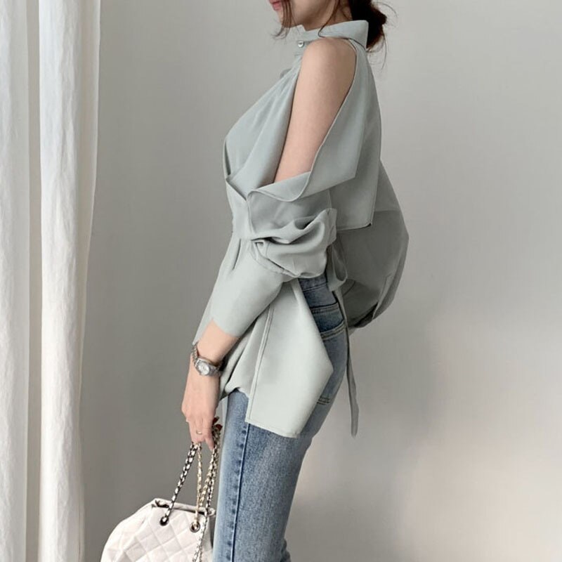 Hollow Out Turn Down Collar Off Shoulder Blouse