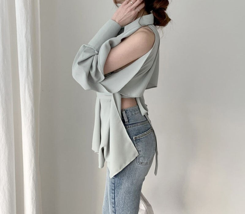 Hollow Out Turn Down Collar Off Shoulder Blouse