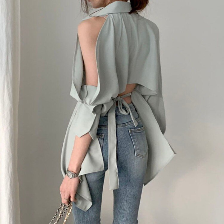 Hollow Out Turn Down Collar Off Shoulder Blouse