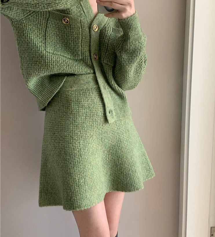 Knitted Cardigan Sweater and Skirt Two-Piece Suit