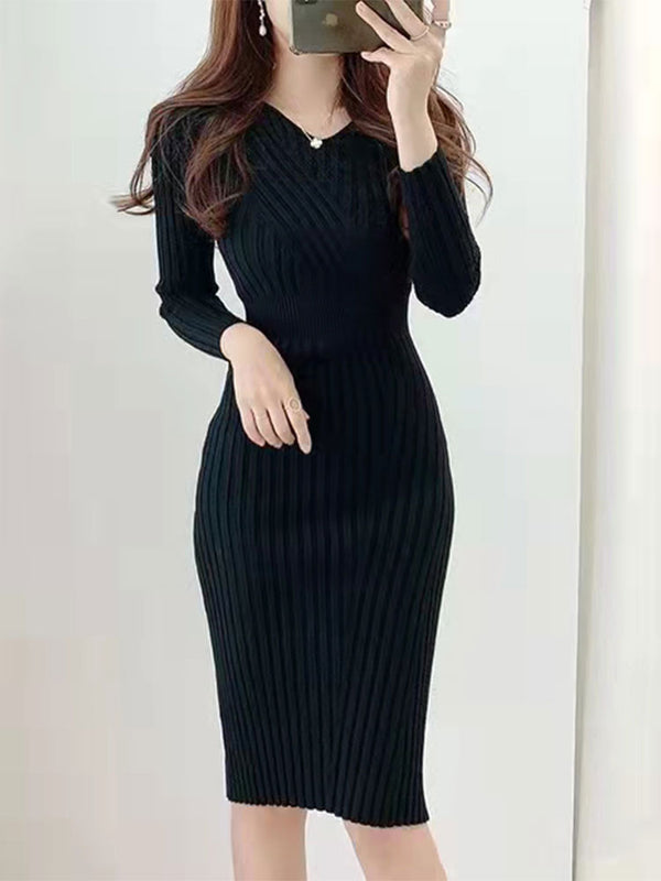 Retro High-Waisted Striped Knitted Skirt Dress