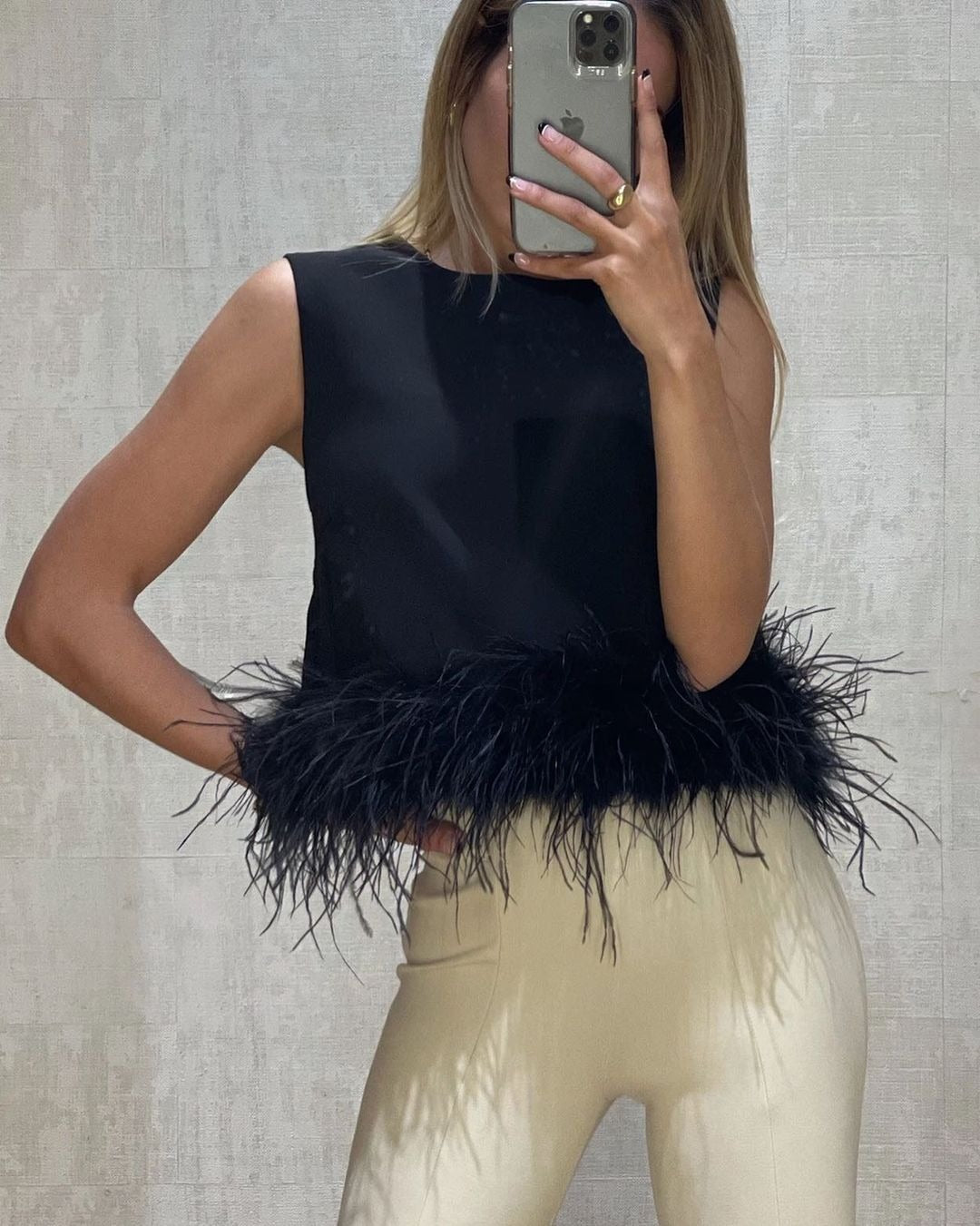 Satin Sleeveless Crop Feathers Off Shoulder Tank Tops