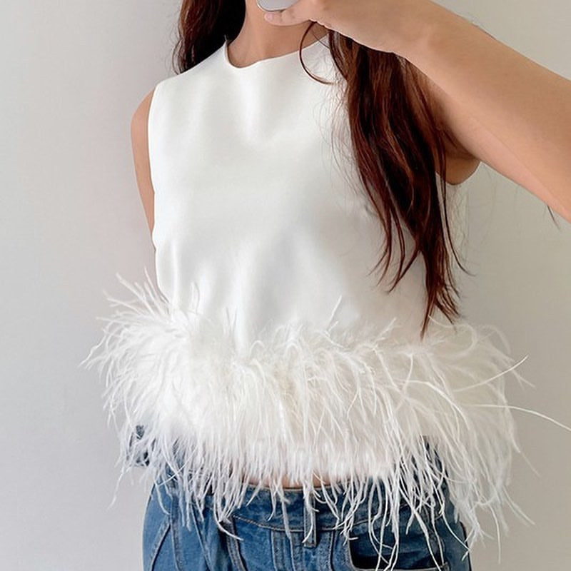 Satin Sleeveless Crop Feathers Off Shoulder Tank Tops