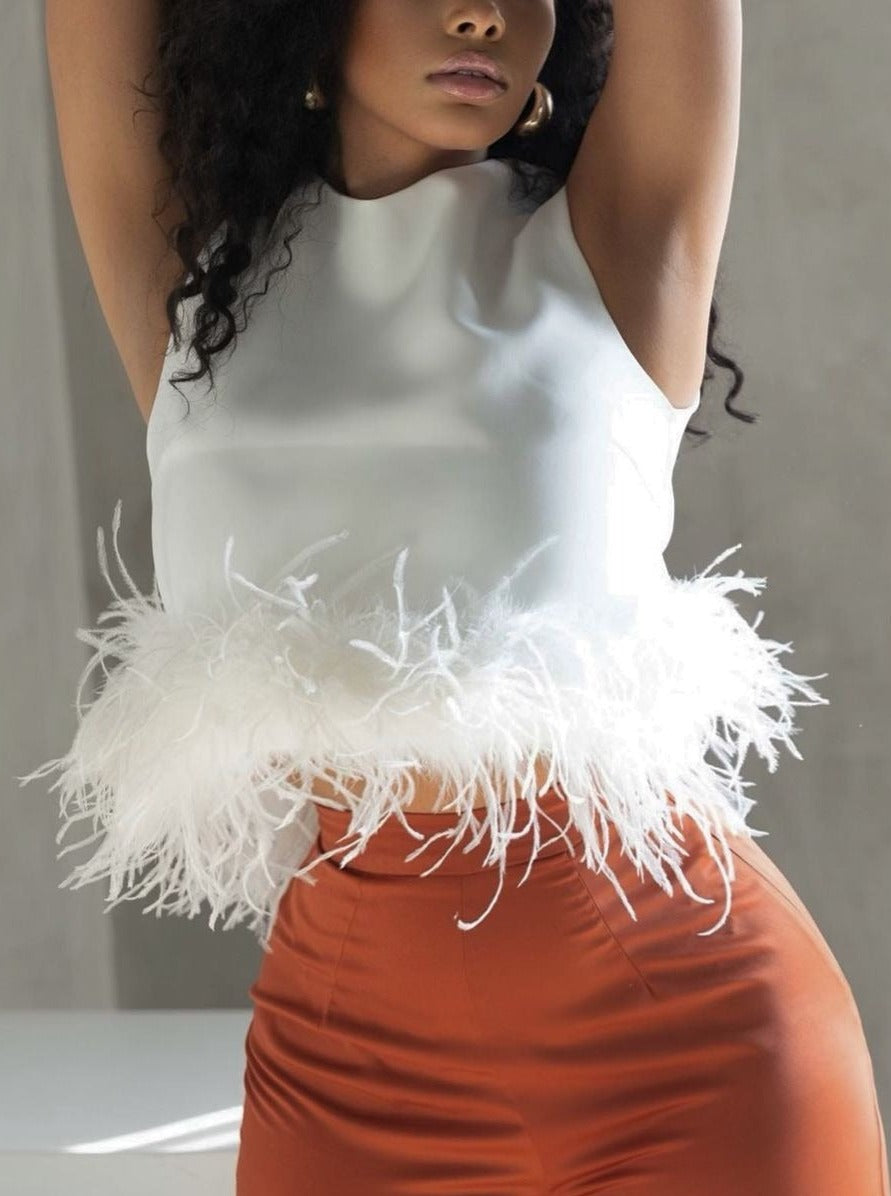 Satin Sleeveless Crop Feathers Off Shoulder Tank Tops