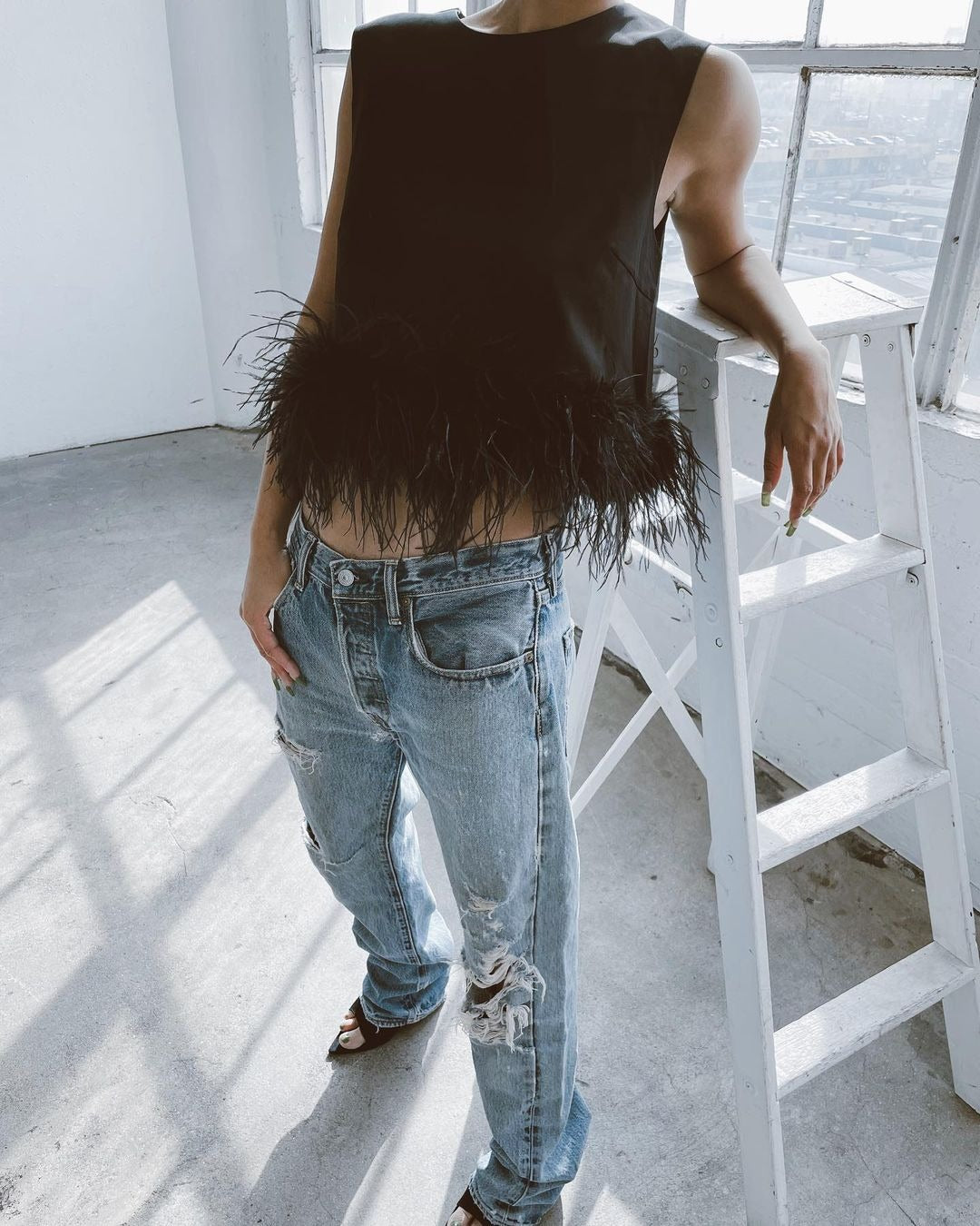 Satin Sleeveless Crop Feathers Off Shoulder Tank Tops