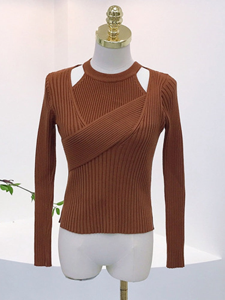 Round Neck Sleeveless Tank Tops and Irregular Collar Long Sleeve Solid Sweater Two Piece Set