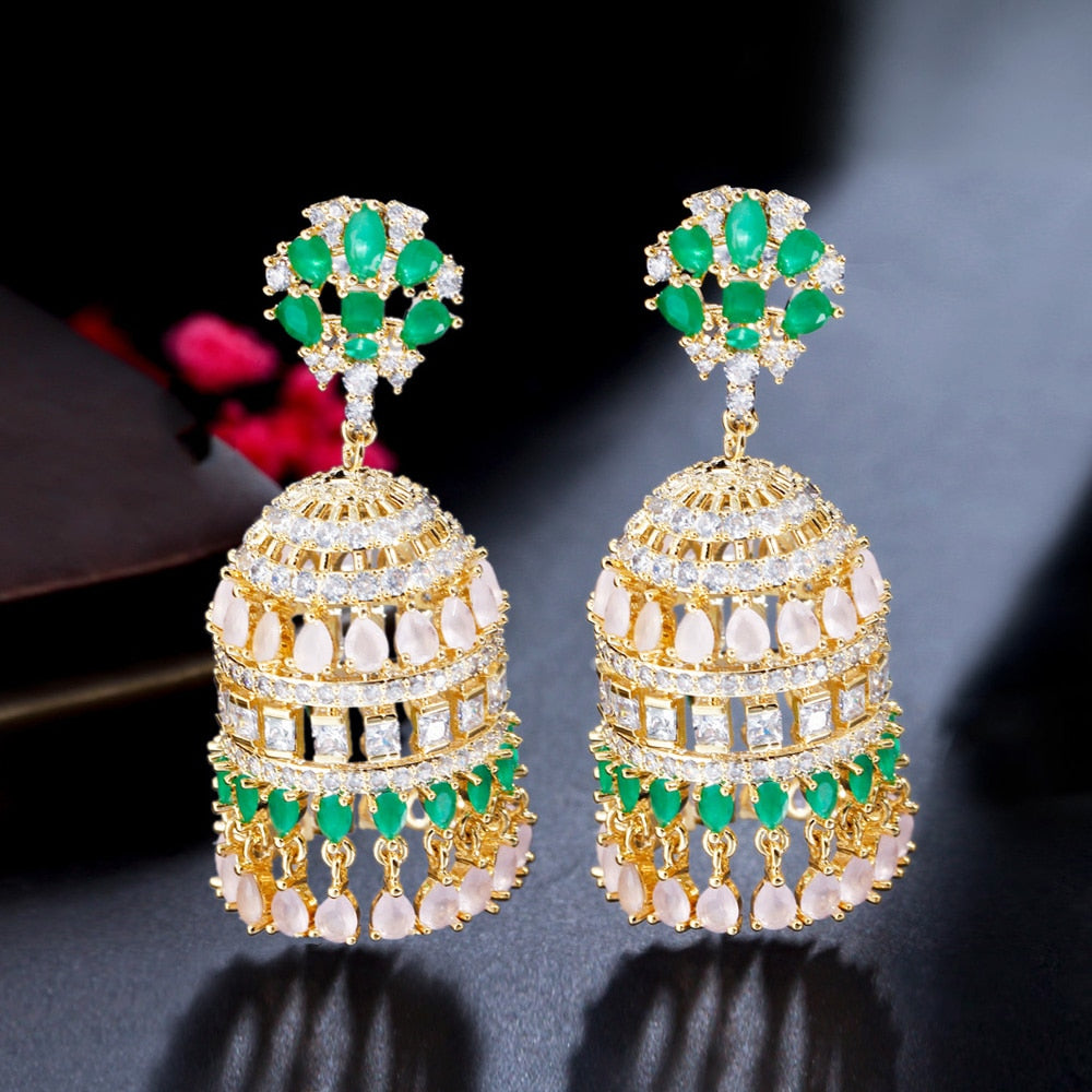 Cage Shape Gold Plated Multicolor CZ Bell Long Earring