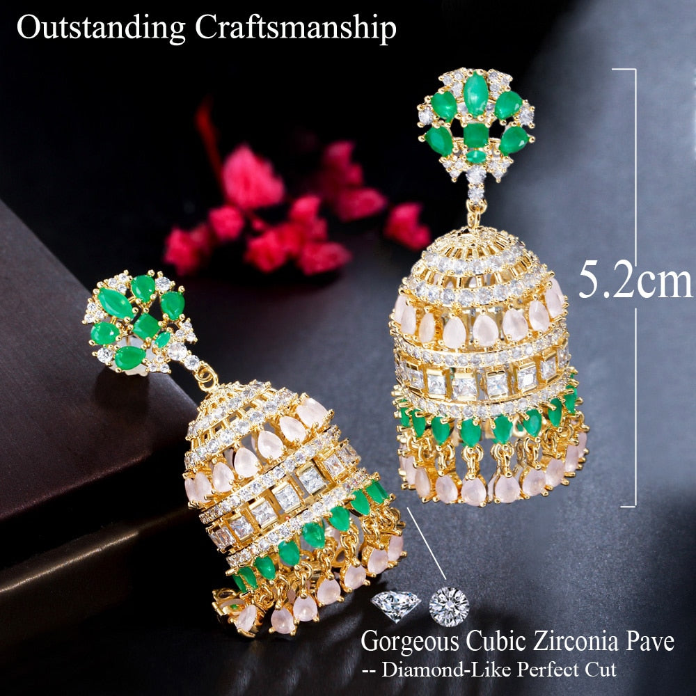 Cage Shape Gold Plated Multicolor CZ Bell Long Earring