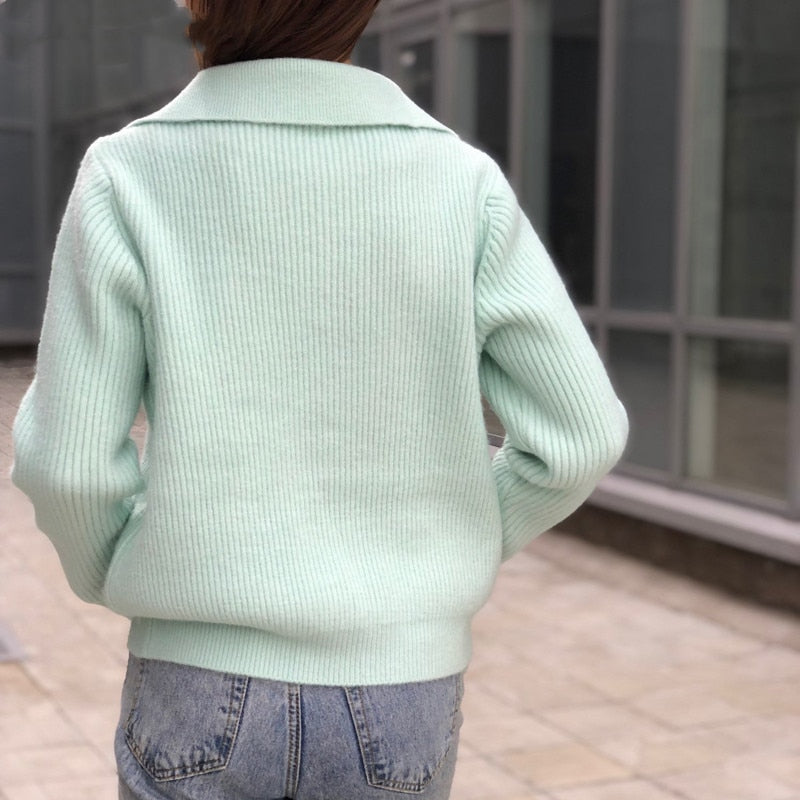 Women Loose Turn-Down Collar Knitted Pullover Sweaters