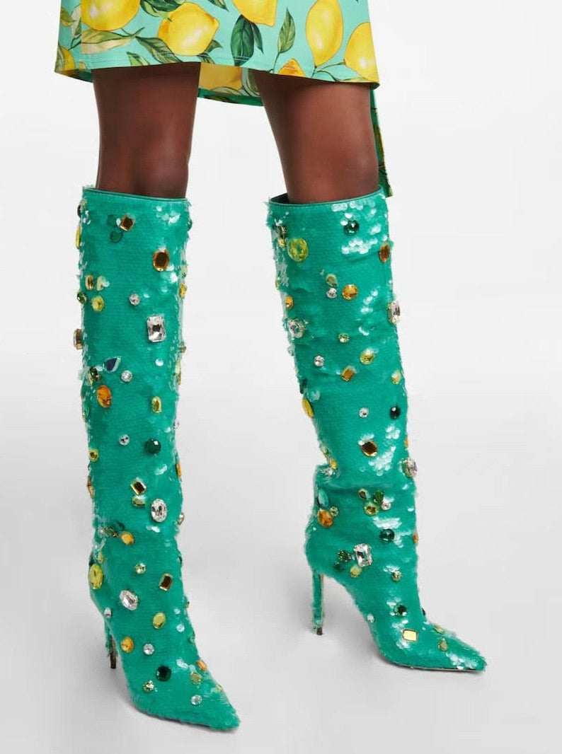 CRYSTAL MERMAID Sequined Cloth Knee-High Boots