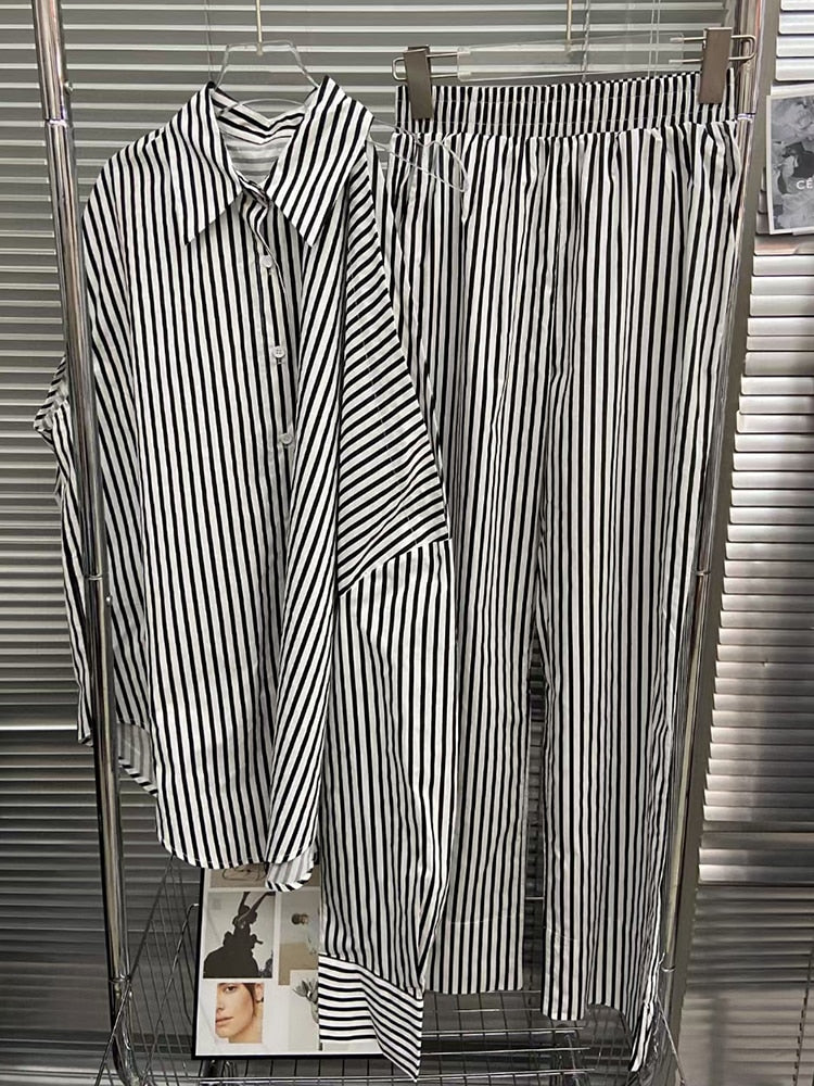 Lapel Off Shoulder Striped Top and High Waist Striped Wide Leg Pants Set