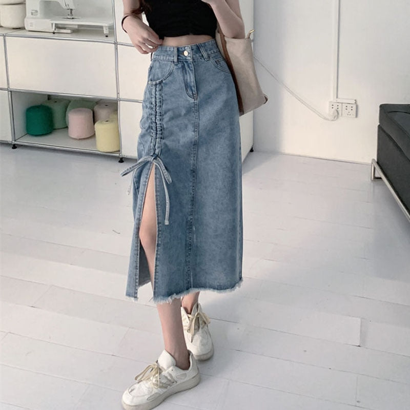 Drawstring Denim Side Split High Waist Pencil Skirts