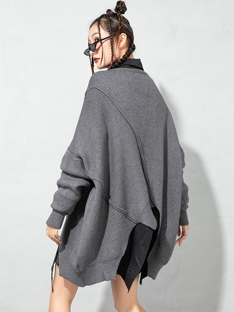 Patchwork Irregular Hem Asymmetrical Knitting Pullover Sweater