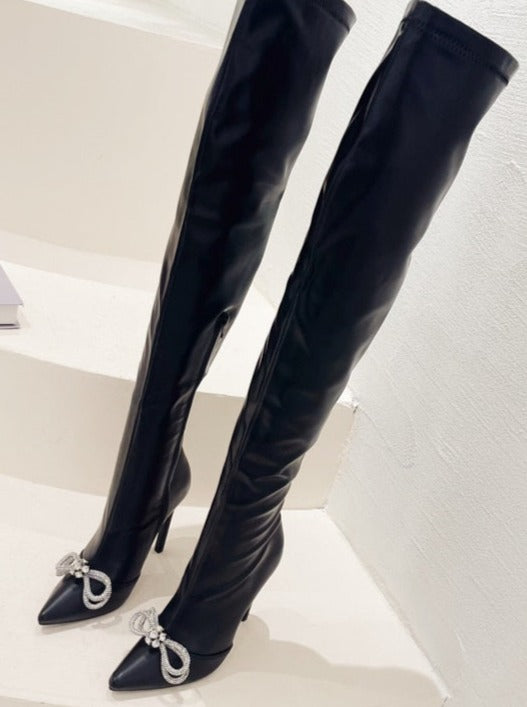 V-Crystal Butterfly-knot Zipper High Heels Over the Knee Boots