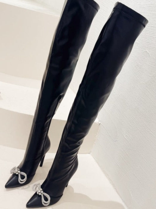 V-Crystal Butterfly-knot Zipper High Heels Over the Knee Boots