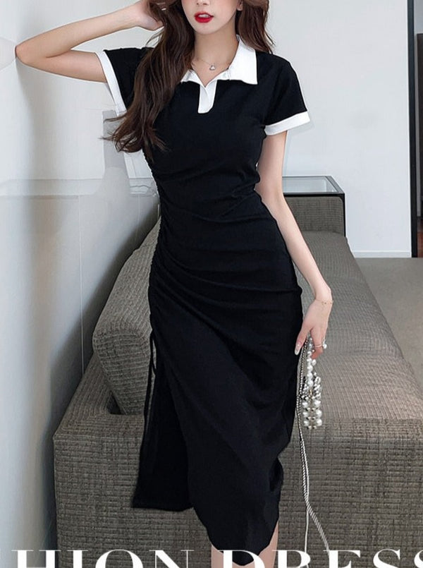 Polo Collar Slim Drawstring Ruffled Slit Dress Skirt