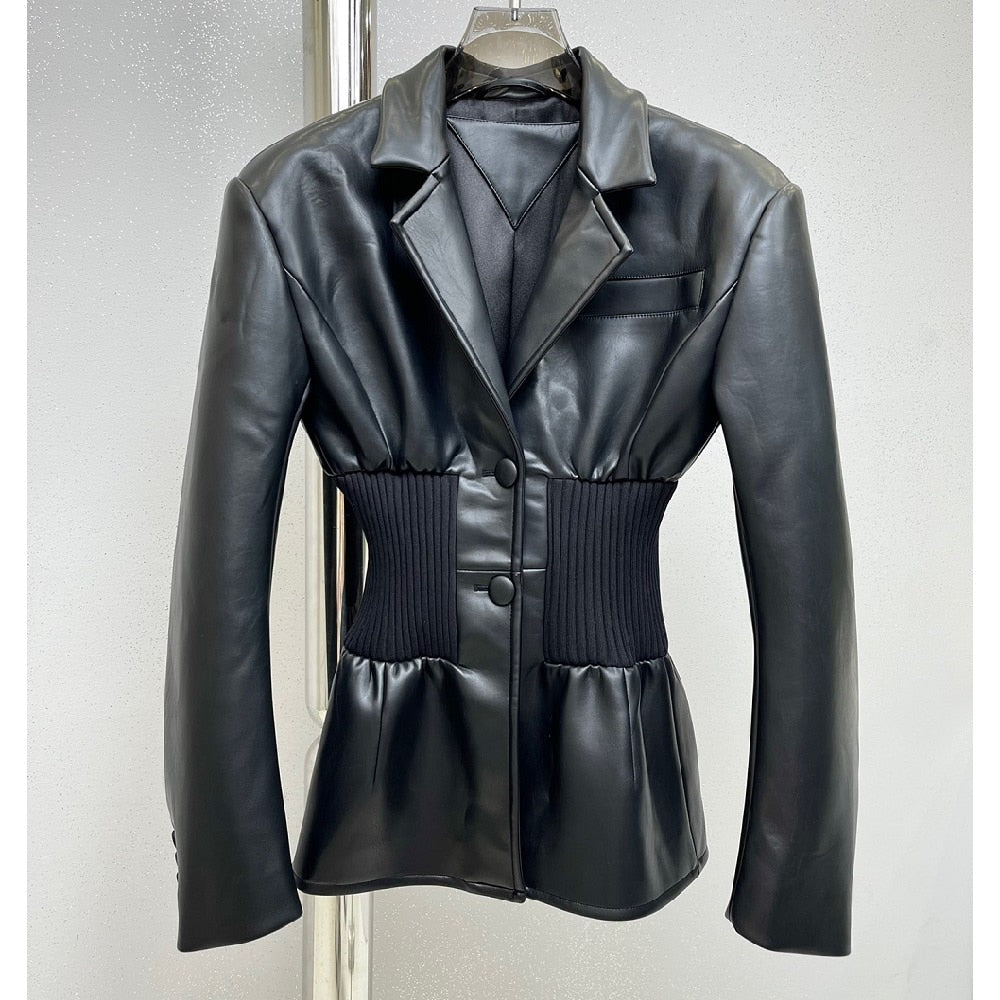 Unique City PU Faux Leather Tight Suit Jacket