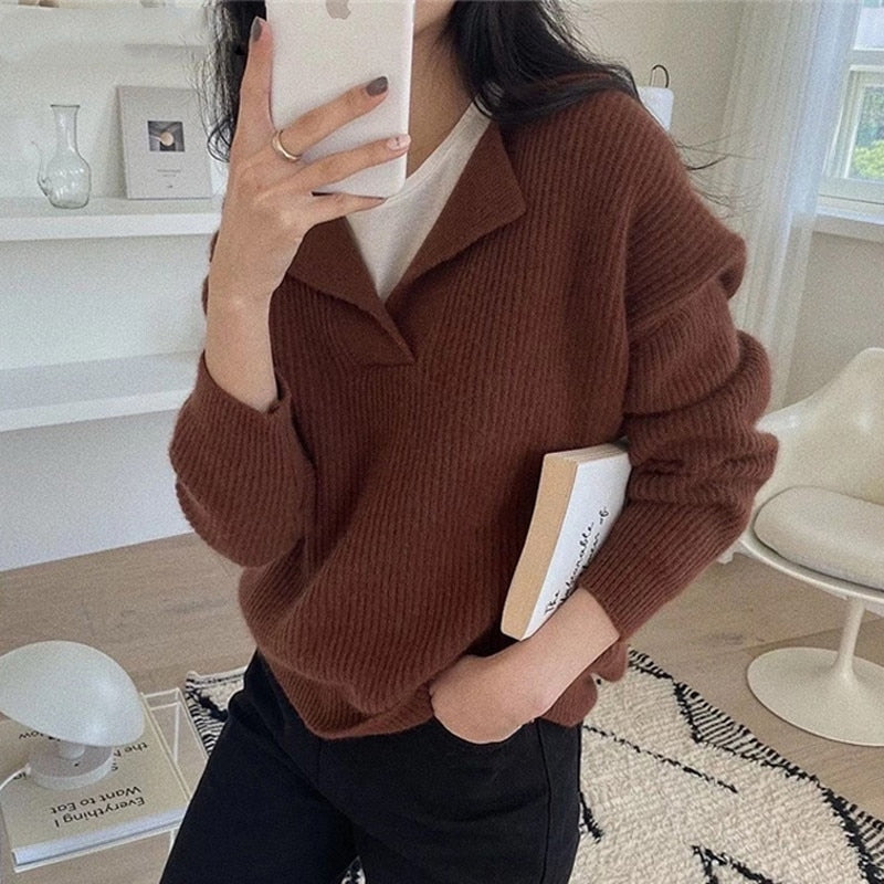 Women Loose Turn-Down Collar Knitted Pullover Sweaters