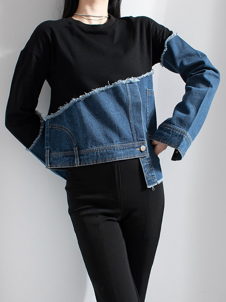 Asymmetrical Color Block Patchwork Denim Sweatshirts